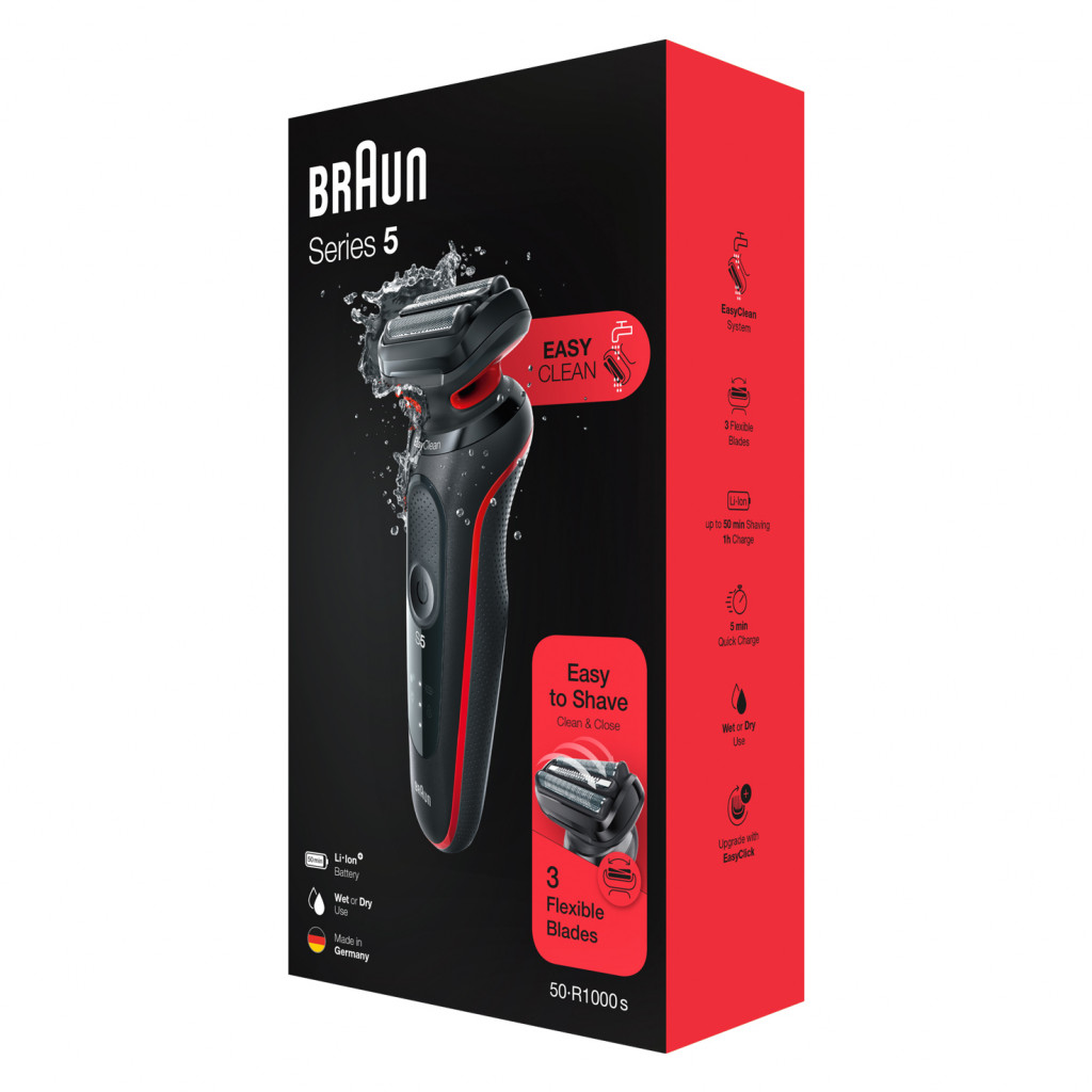 Braun Shaver 50-R1000s Cordless, Charging time 1 h, Lithium Ion, Number of shaver heads/blades 3, Black/Red, Wet & Dry