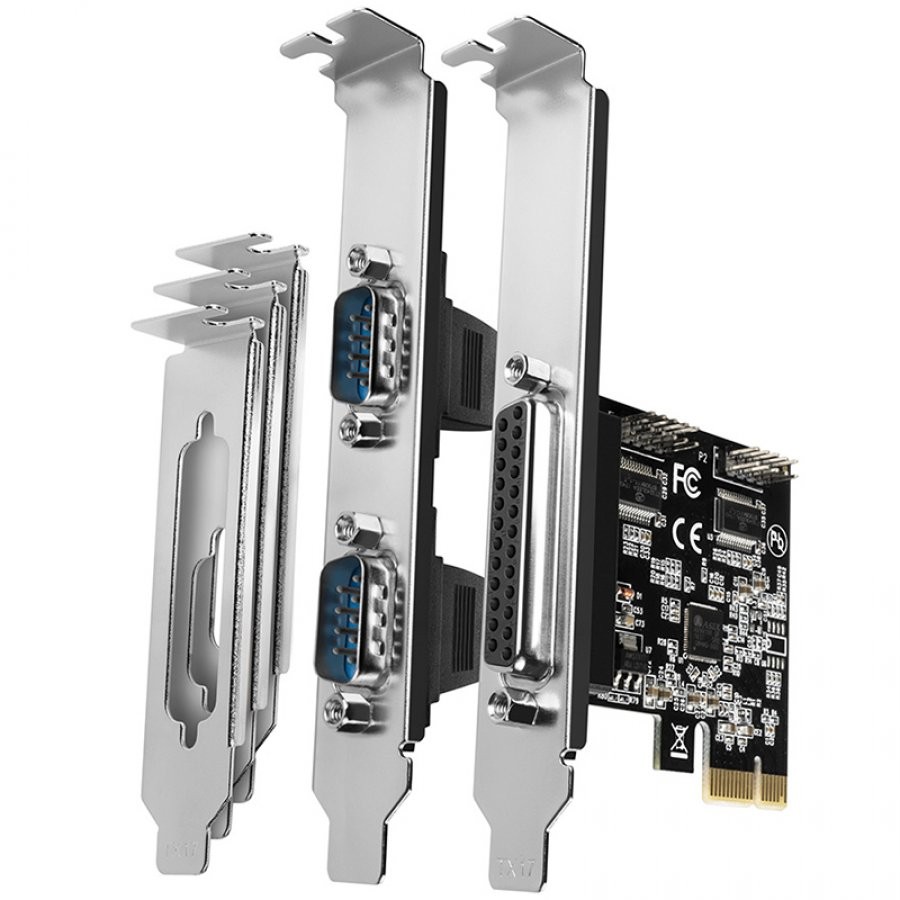 PCI-Express card with one parallel and two serial ports 250 kbps. ASIX AX99100. Standard & Low profile.