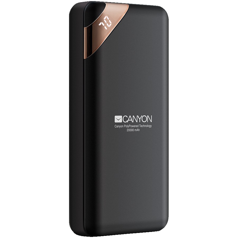 CANYON PB-202 Power bank 20000mAh Li-poly battery, Input 5V/2A, Output 5V/2.1A(Max), with Smart IC and power display, Black, USB cable length 0.25m, 137*67*25mm, 0.360Kg