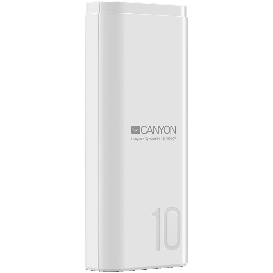 CANYON PB-103 Power bank 10000mAh Li-poly battery, Input 5V/2A, Output 5V/2.1A, with Smart IC, White, USB cable length 0.25m, 120*52*22mm, 0.210Kg