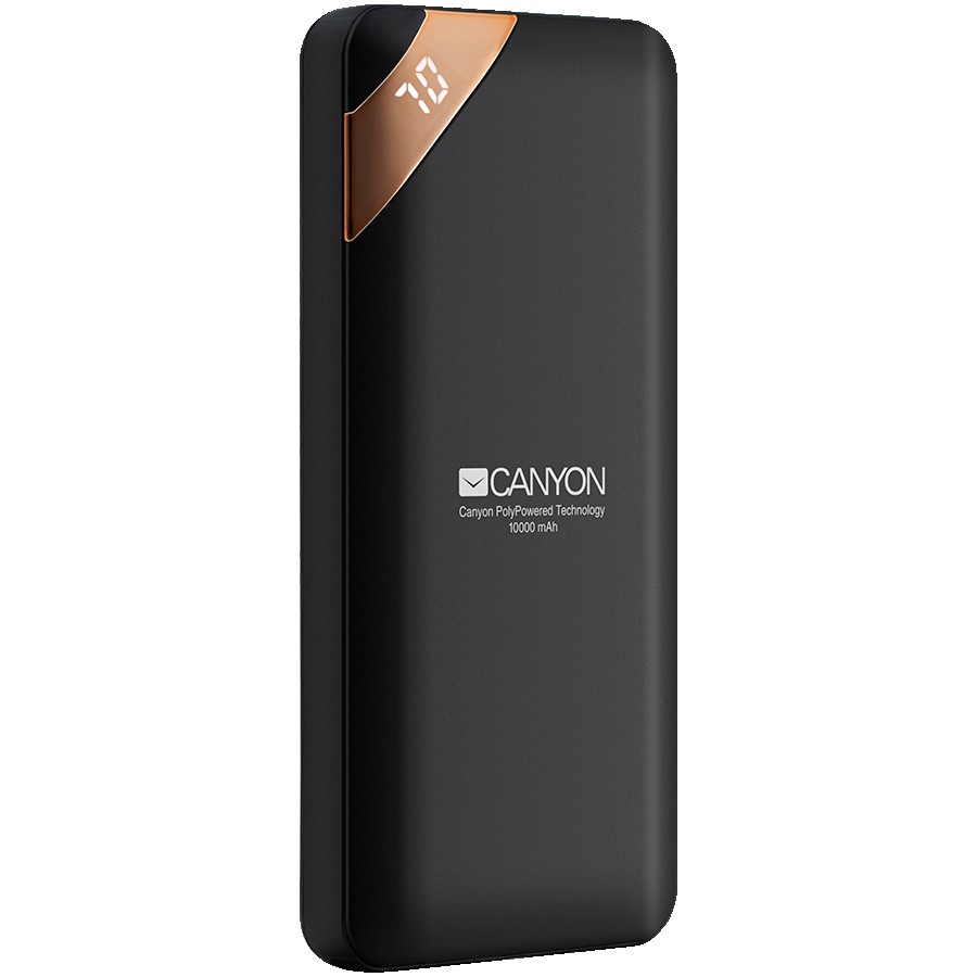 CANYON PB-102 Power bank 10000mAh Li-poly battery, Input 5V/2A, Output 5V/2.1A(Max), with Smart IC and power display, Black, USB cable length 0.25m, 137*67*13mm, 0.230Kg