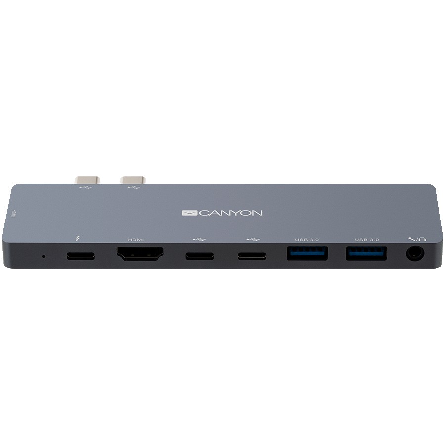 CANYON DS-8 Multiport Docking Station with 8 port, 1*Type C PD100W+2*Type C data+2*HDMI+2*USB3.0+1*Audio. Input 100-240V, Output USB-C PD100W&USB-A 5V/1A, Aluminium alloy, Space gray, 135*48*10mm, 0.056kg