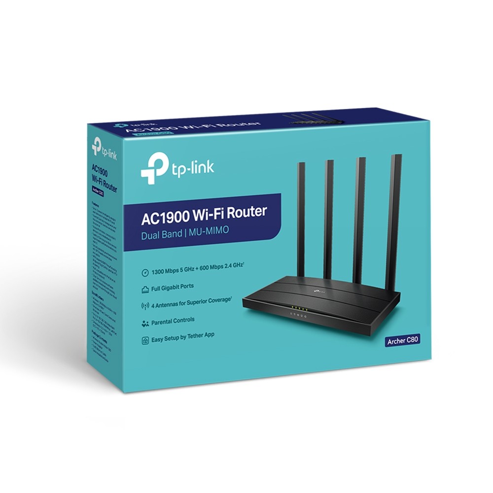 TP-LINK | AC1900 Wireless MU-MIMO Wi-Fi 5 Router | Archer C80 | 802.11ac | 1300+600 Mbit/s | 10/100/1000 Mbit/s | Ethernet LAN (RJ-45) ports 4 | Mesh Support No | MU-MiMO Yes | No mobile broadband | Antenna type 4xFixed