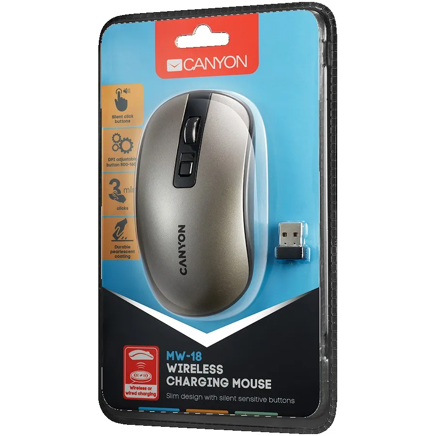 CANYON MW-18, 2.4GHz Wireless Rechargeable Mouse with Pixart sensor, 4keys, Silent switch for right/left keys,DPI: 800/1200/1600, Max. usage 50 hours for one time full charged, 300mAh Li-poly battery, Dark grey, cable length 0.6m, 116.4*63.3*32.3mm, 0.075kg