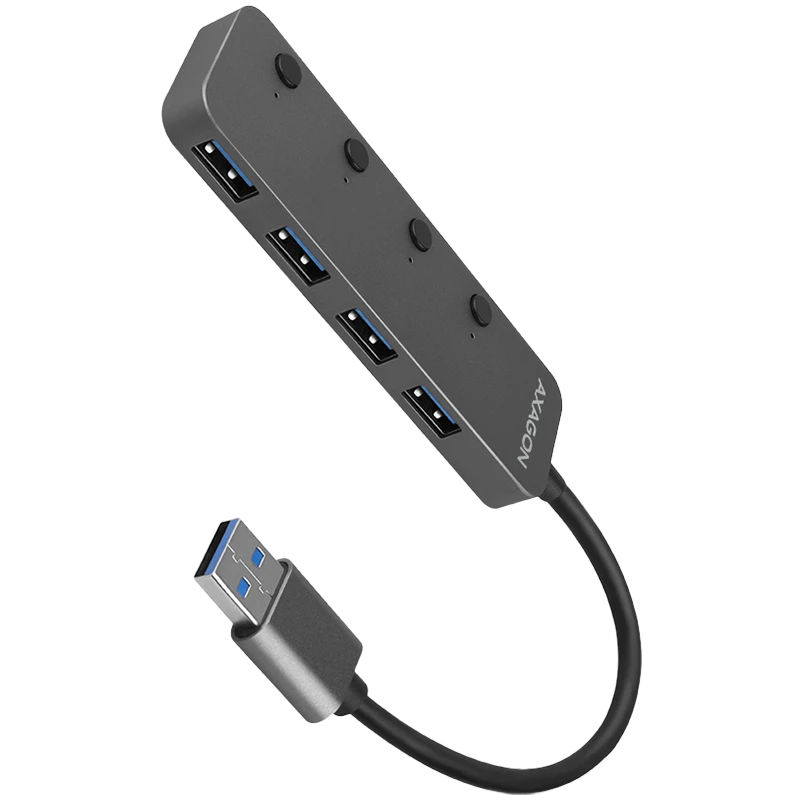 AXAGON HUE-MSA 4x USB3.2 Gen 1 SWITCH hub, metal, micro USB power IN, 20cm USB-A cable