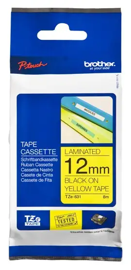 Brother | TZe-631 Laminated Tape | Black on Yellow | TZe | 8 m | 1.2 cm