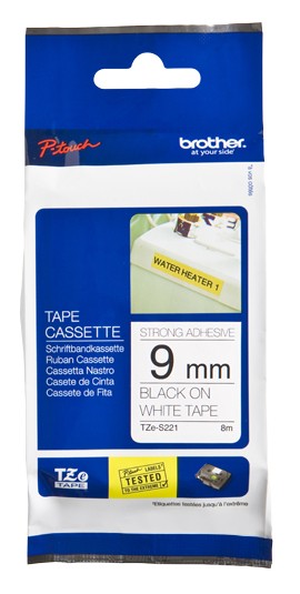 Brother | TZe-S221 Strong Adhesive Laminated Tape | Black on White | TZe | 8 m | 9 cm