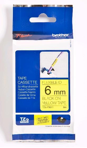 Brother | TZe-FX611 Flexible ID Laminated Tape | Black on Yellow | TZe | 8 m | 6 cm