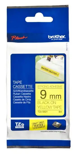Brother | TZe-S621 Strong Adhesive Laminated Tape | Black on Yellow | TZe | 8 m | 9 cm