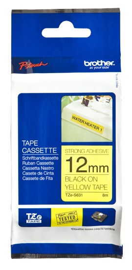 Brother | TZe-S631 Strong Adhesive Laminated Tape | Black on Yellow | TZe | 8 m | 1.2 cm