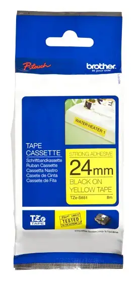Brother | TZe-S651 Strong Adhesive Laminated Tape | Black on Yellow | TZe | 8 m | 2.4 cm