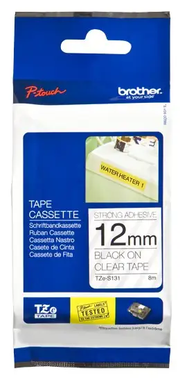 Brother | TZe-S131 Strong Adhesive Laminated Tape | Black on Clear | TZe | 8 m | 1.2 cm