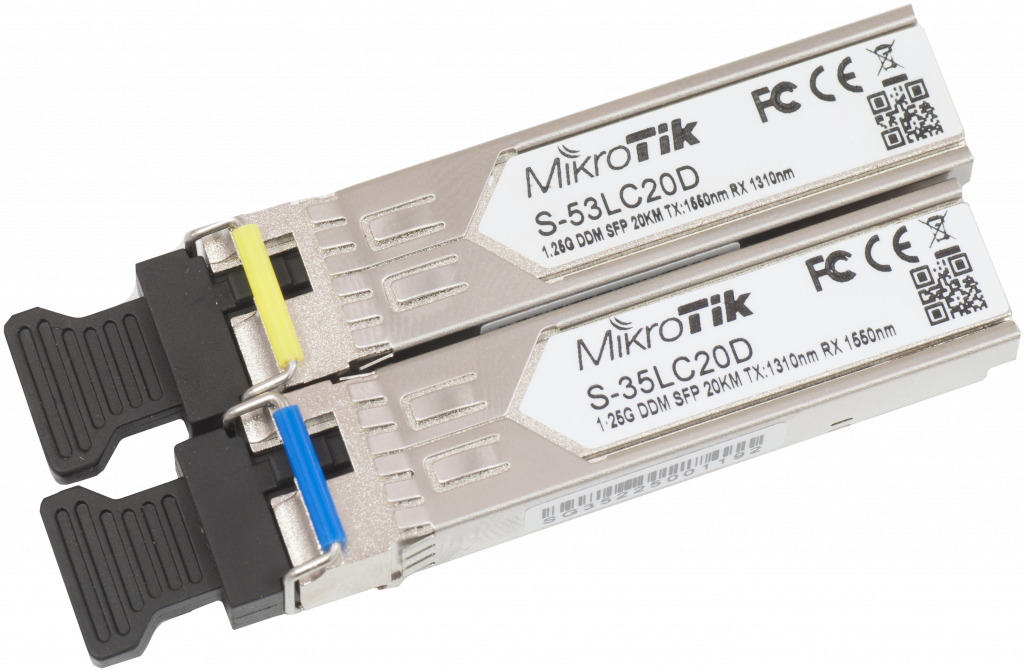 MikroTik Pair of SFP modules S-3553LC20D (S-35LC20D 1.25G SM 20km T1310nm/R1550nm + S-53LC20D 1.25G SM 20km T1550nm/R1310nm) | MikroTik | Maximum transfer distance 20000 m