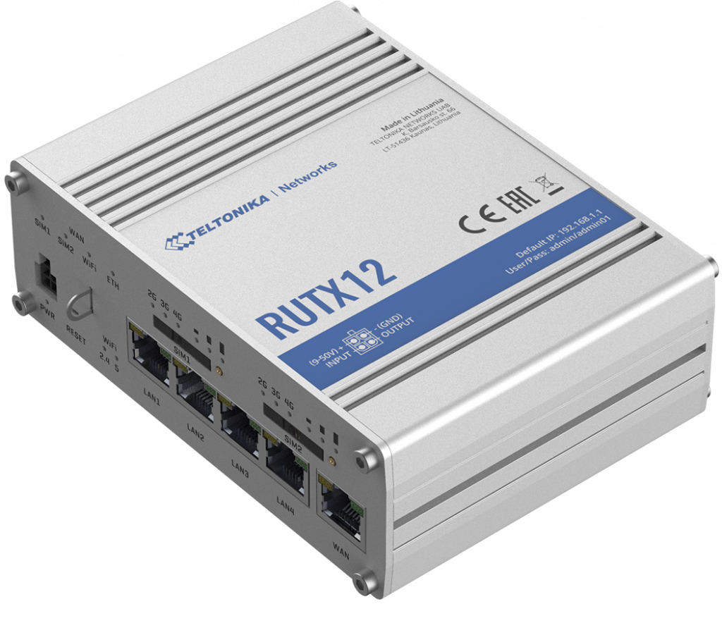 Dual LTE Cat 6 Router | RUTX12 | 802.11ac | 867 Mbit/s | 10/100/1000 Mbit/s | Ethernet LAN (RJ-45) ports 4 | Mesh Support No | MU-MiMO Yes | 4G | Antenna type 4xSMA for LTE, 2xRP-SMA for WiFi, 1xRP-SMA for Bluetooth, 1xSMA for GNNS | 1 x USB A