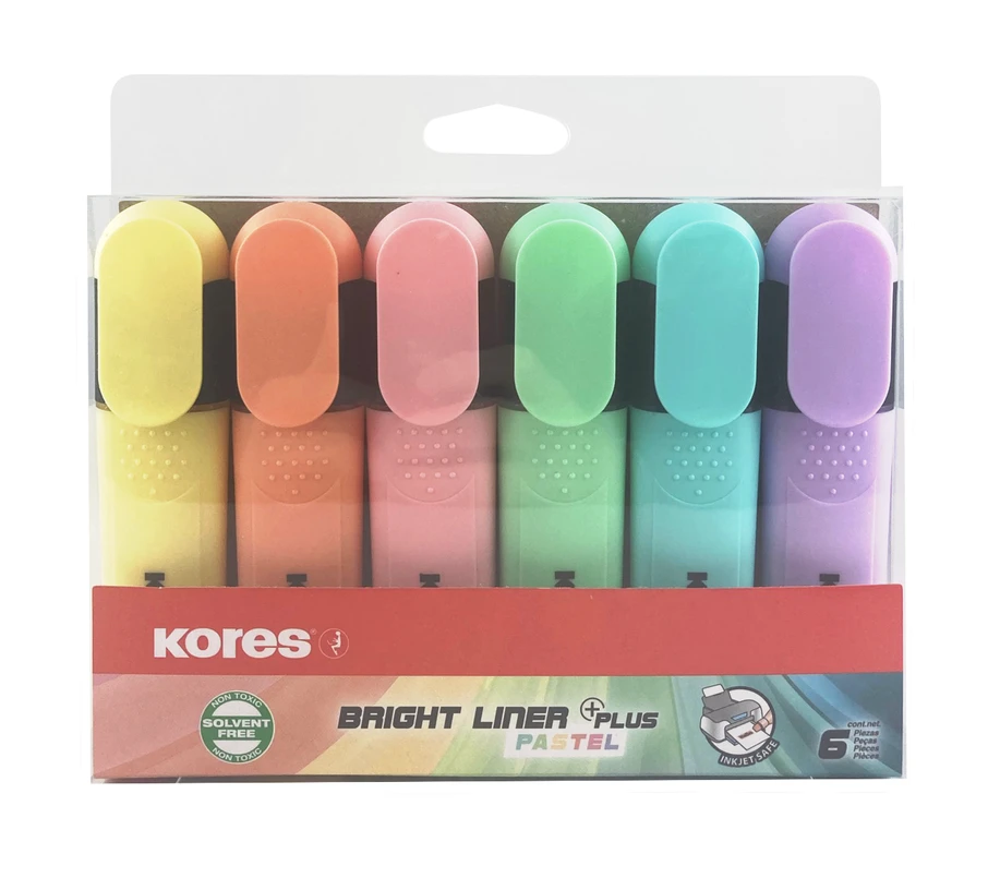 Tekstimarkerid Kores Bright Liner Plus, pastellsed värvid, 6 tk