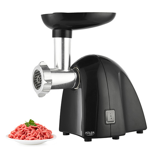 Adler | Meat mincer | AD 4811 | Black | 600 W | Number of speeds 1 | Throughput (kg/min) 1.8 | 3 replaceable sieves: 3mm for grinding poppies and preparing meat and vegetable stuffing; 5mm for meatballs, Roman roast and beef burgers; 7mm for coarsely ground sausages, offal sausages and pates; Charging tray; Pusher