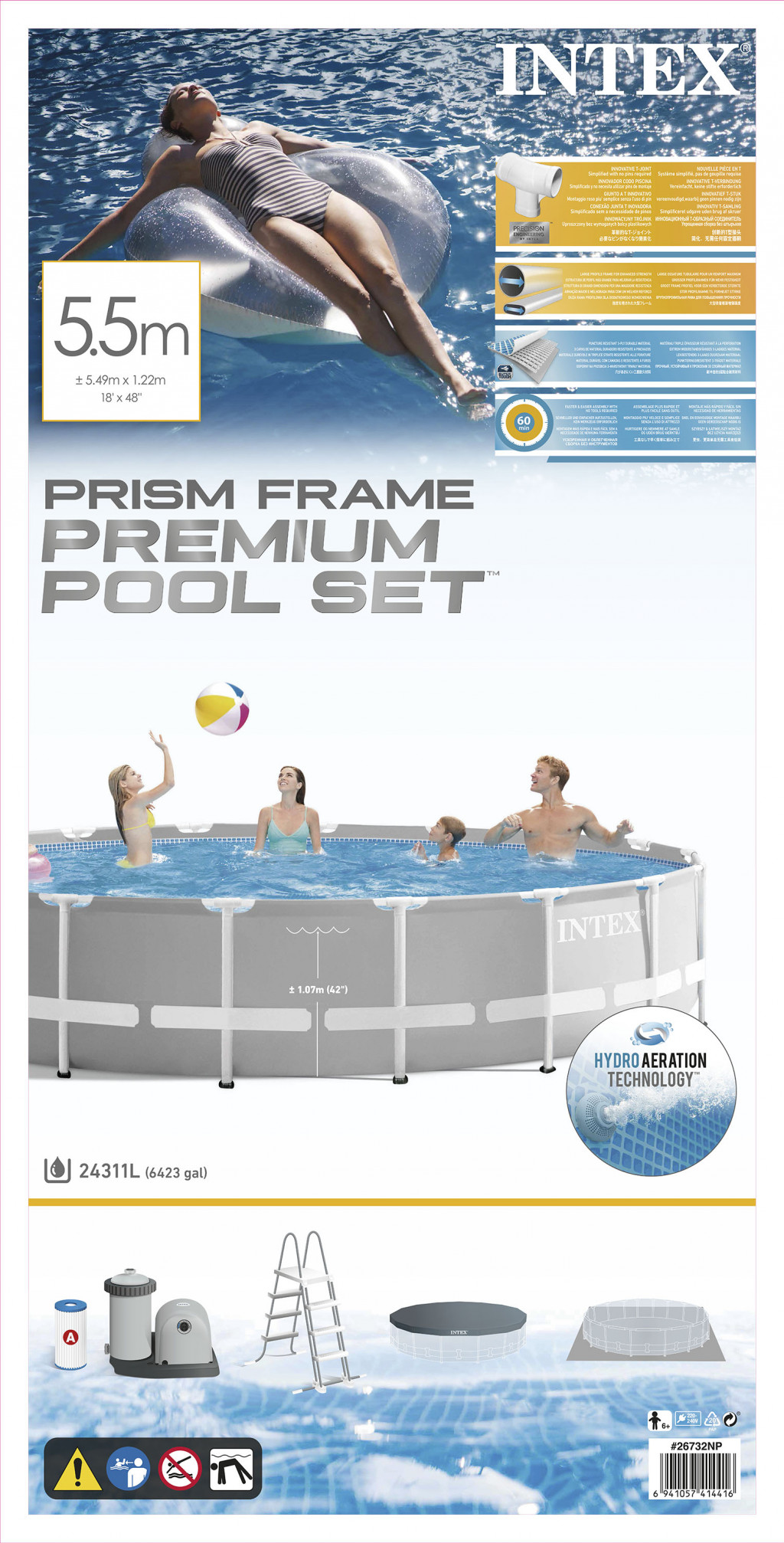 Intex Prism Frame Premium Pool Set withFilter Pump, Safety Ladder, Ground Cloth, Cover Grey, Age 6+, 549x122 cm