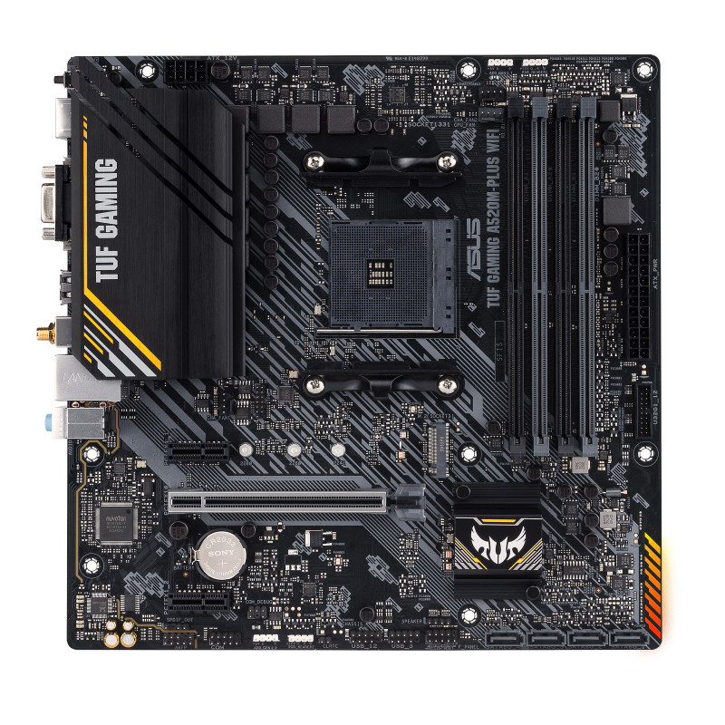 Asus | TUF GAMING A520M-PLUS | Processor family  AMD | Processor socket AM4 | DDR4 | Memory slots 4 | Supported hard disk drive interfaces SATA, M.2 | Number of SATA connectors 4 | Chipset  AMD A520 | Micro ATX