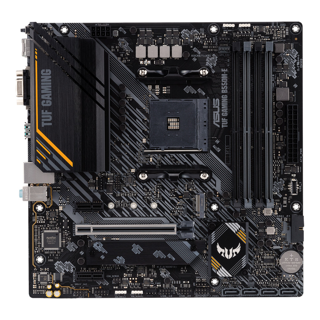 Asus | TUF GAMING B550M-E | Processor family AMD | Processor socket AM4 | DDR4 DIMM | Memory slots 4 | Supported hard disk drive interfaces 	SATA, M.2 | Number of SATA connectors 4 | Chipset AMD B550 | Micro ATX