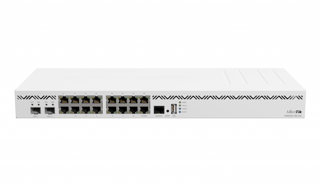 Mikrotik Cloud Core Router CCR2004-16G-2S+, 2x10G SFP+ ports, 16x Gigabit LAN ports, 1x RJ45 Serial port, 4 core CPU, 4 GB RAM, Dual redundant power supply, CPU and PCB temperature monitor, RouterOS L6 | Cloud Core Router | CCR2004-16G-2S+ | No Wi-Fi | Mbit/s | Mbit/s | Ethernet LAN (RJ-45) ports | Mesh Support | MU-MiMO | Antenna type | 1 | 12 mon