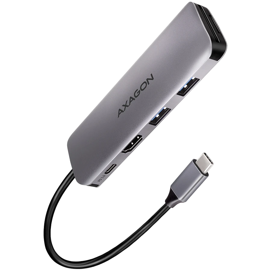 Multiport USB 3.2 Gen 1 hub. HDMI, card reader and Power Delivery. 20 cm USB-C cable.