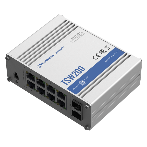 Teltonika Ethernet Switch TSW200 Unmanaged, Desktop, 1 Gbps (RJ-45) ports quantity 8, SFP ports quantity 2, PoE ports quantity 8, Total PoE Power Budget (at PSE): 240 W, PoE Max Power per Port (at PSE): 30W, IP30, Full aluminum housing, ADAPTER NOT INCLUDED | Teltonika | Ethernet Switch | TSW200 | Unmanaged | Desktop | Gigabit Ethernet (copper) por