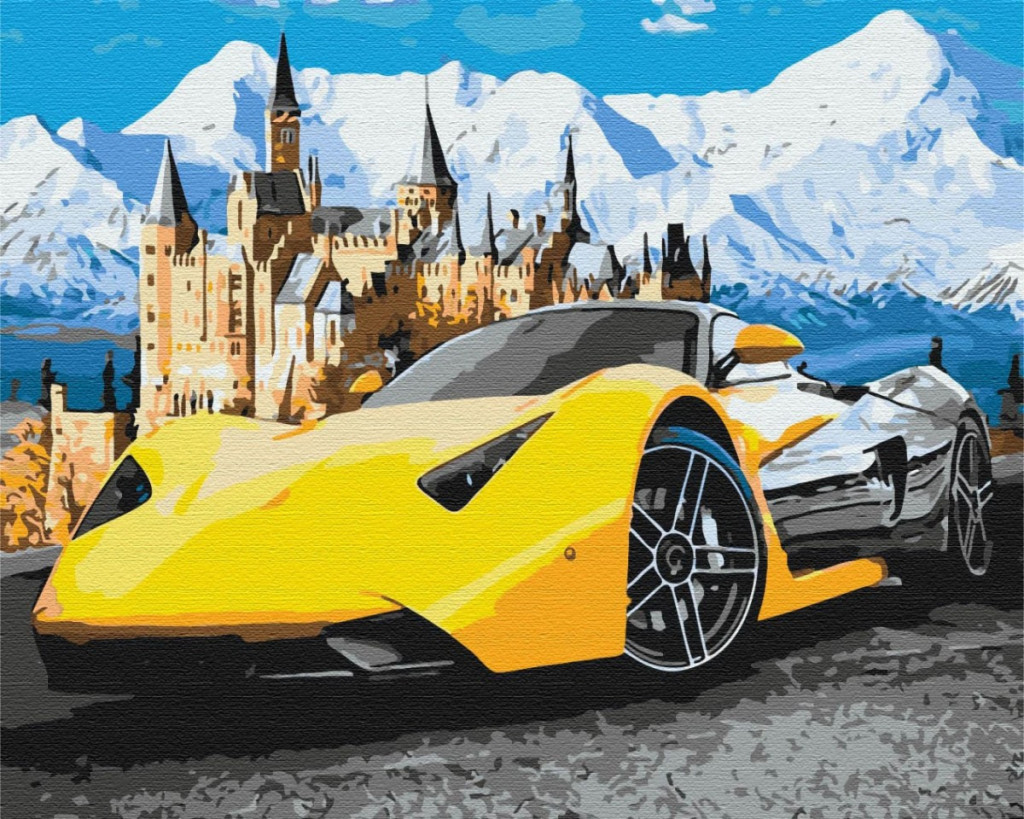Picture Paint it! Painting by numbers Lamborghini near the castle