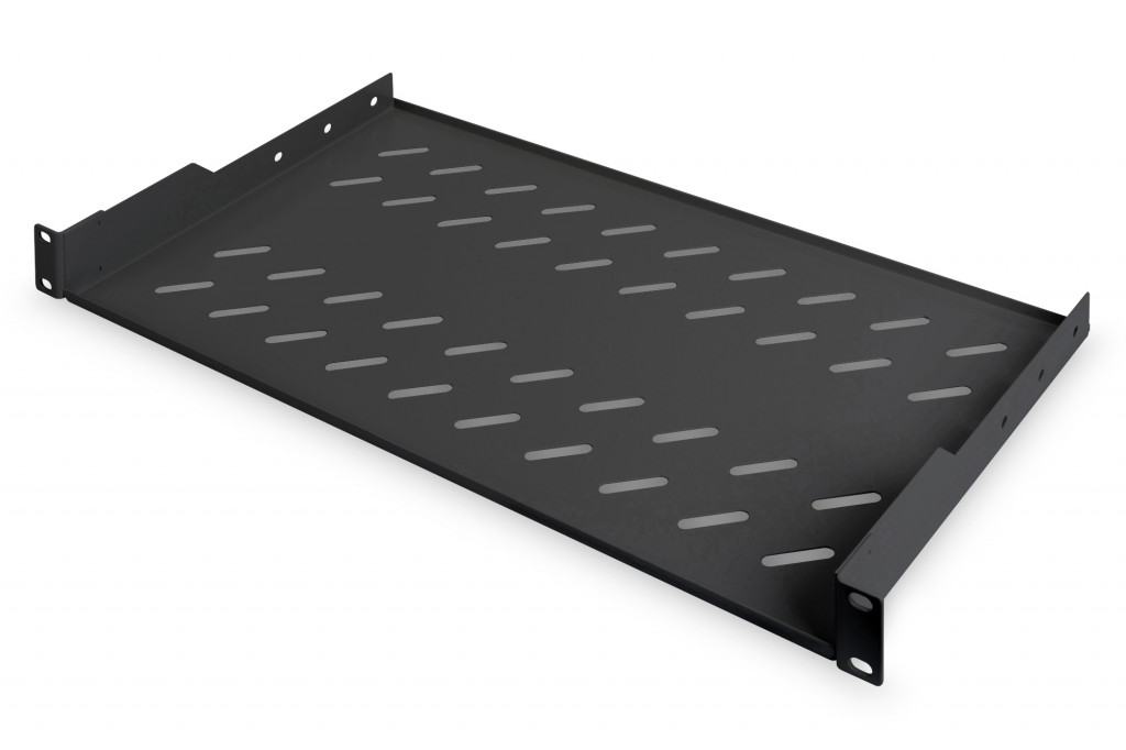 Digitus | Fixed Shelf for Racks | DN-19 TRAY-1-SW | Black | The shelves for fixed mounting can be installed easy on the two front 483 mm (19“) profile rails of your 483 mm (19“) network- or server cabinet. Due to their stable, perforated steel sheet with a high load capacity, they are the optimal surface for components which are not 483 mm (19”) su