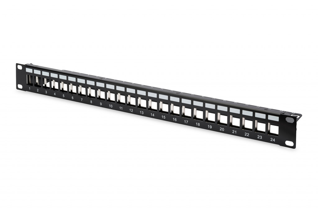 Digitus | Modular Patch Panel | DN-91411 | Black | Layout Keystone Entry: Straight; Area of application: 483 mm (19") cabinet; Suitable for 483 mm (19") cabinet mounting; Housing material: 1.5 mm SPCC cold rolled stell sheet, powder-coated; Ports: 24