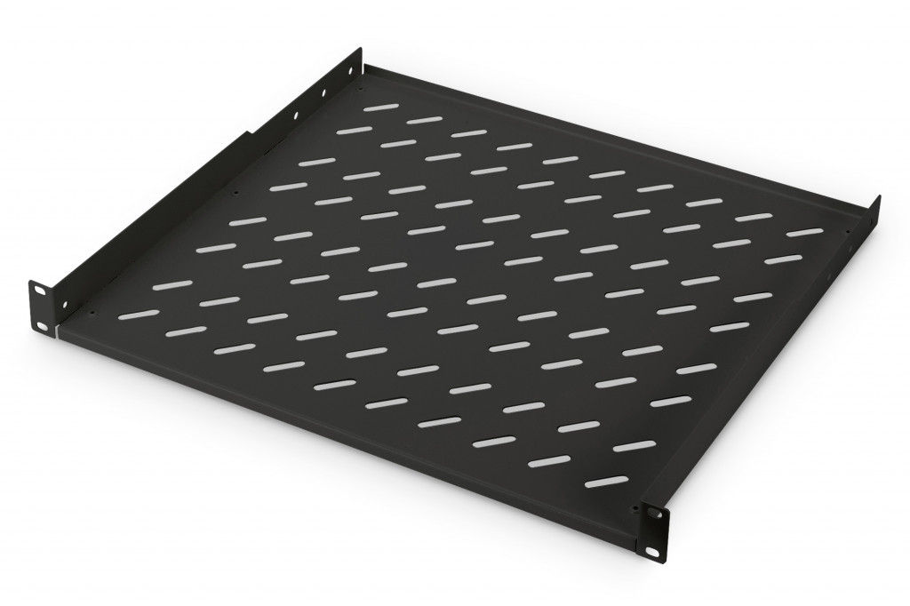 Digitus | 1U Fixed Shelf for Racks | DN-19 TRAY-1-400-SW | Black | The shelves for fixed mounting can be installed easy on the two front 483 mm (19“) profile rails of your 483 mm (19“) network- or server cabinet. Due to their stable, perforated steel sheet with a high load capacity, they are the optimal surface for components which are not 483 mm (