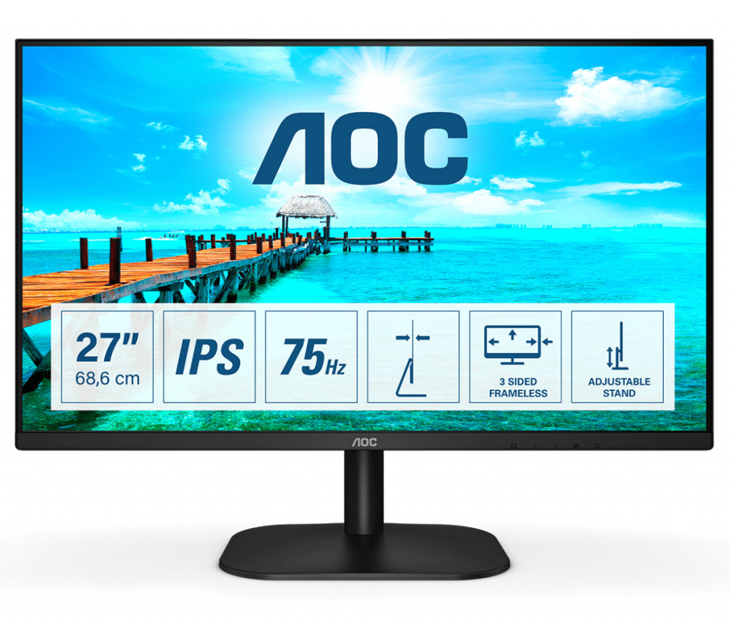 AOC Monitor 27B2DA 27 ", IPS, FHD, 1920 x 1080, 16:9, 4 ms, 250 cd/m², Black, Headphone out (3.5mm), 75 Hz, HDMI ports quantity 1