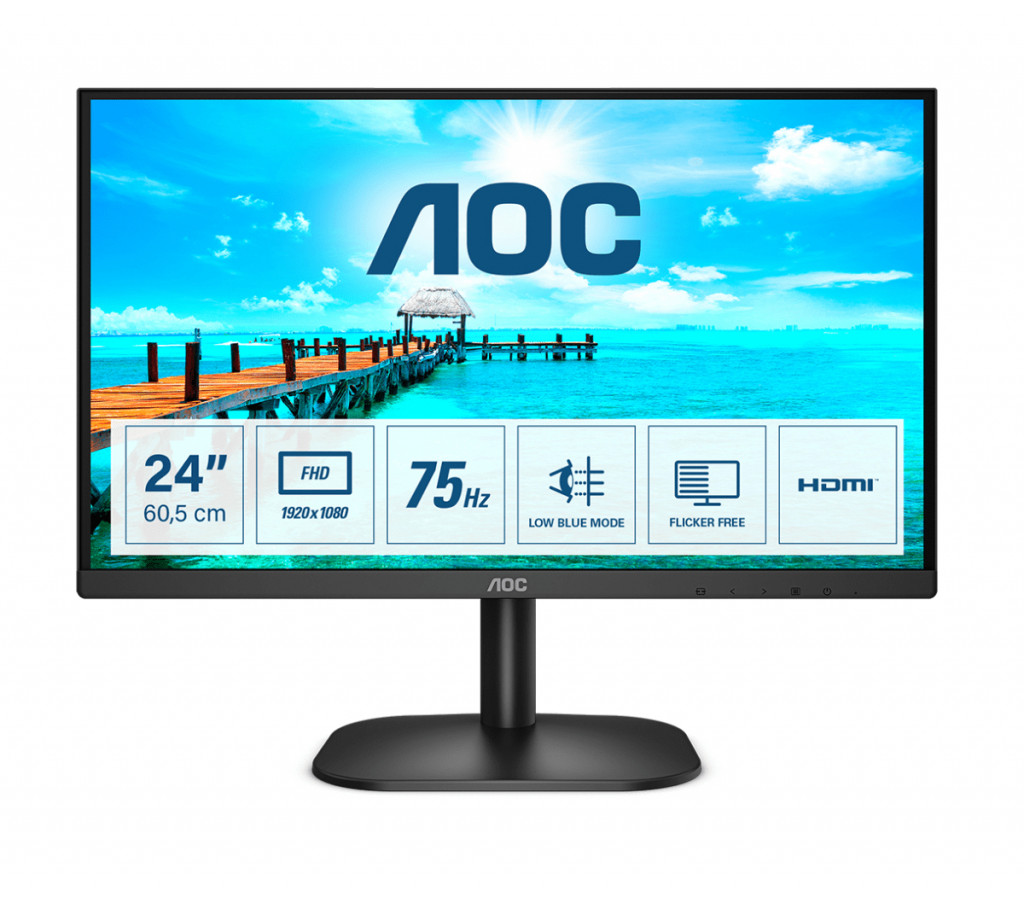 AOC Monitor 24B2XHM2 23.8 ", VA, FHD, 1920 x 1080 pixels, 16:9, 4 ms, 250 cd/m², Black, Headphone out (3.5mm), 75 Hz, HDMI ports quantity 1