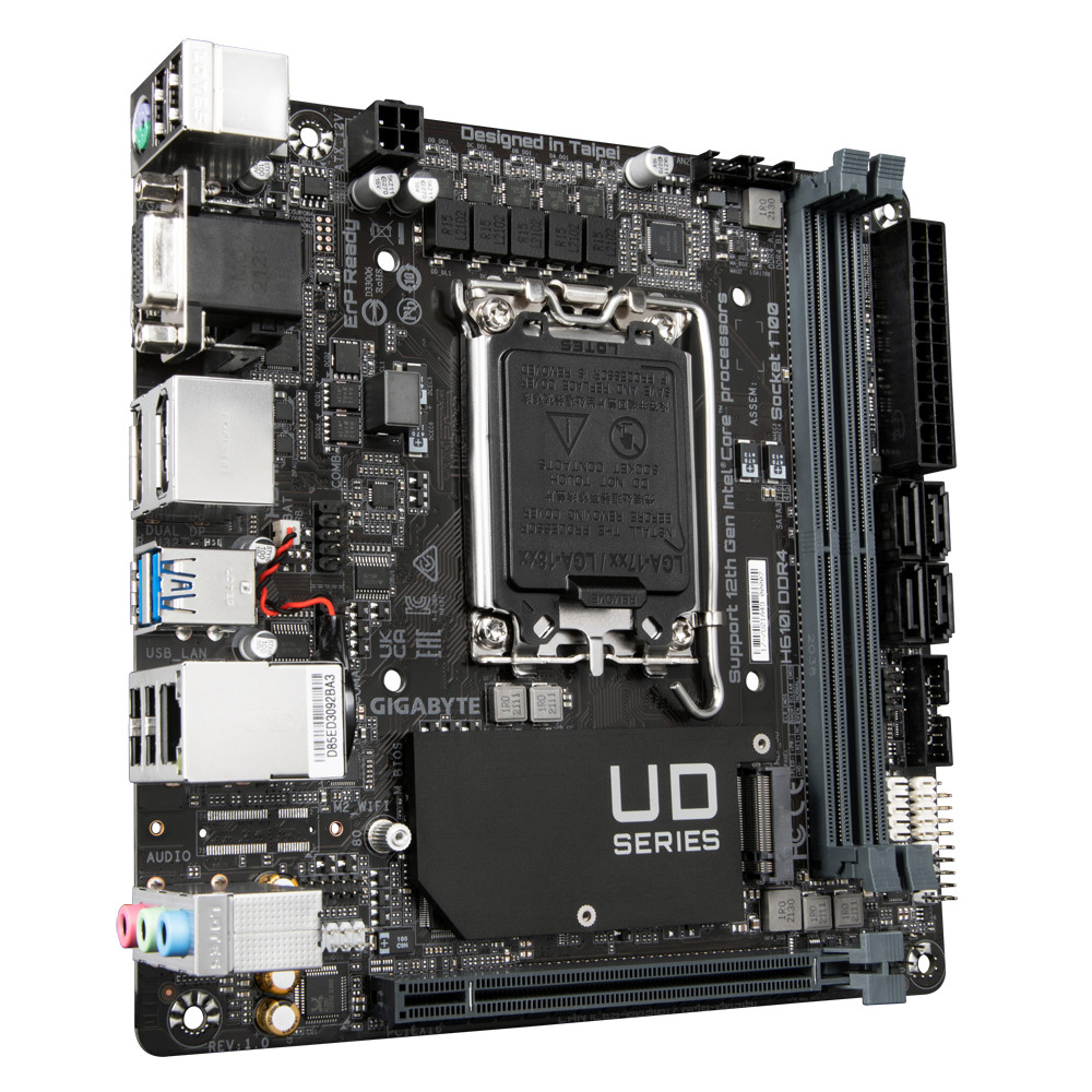 Gigabyte | H610I DDR4 1.0 M/B | Processor family Intel | Processor socket  LGA1700 | DDR4 DIMM | Memory slots 2 | Supported hard disk drive interfaces 	SATA, M.2 | Number of SATA connectors 4 | Chipset Intel H610 Express | Mini-ITX