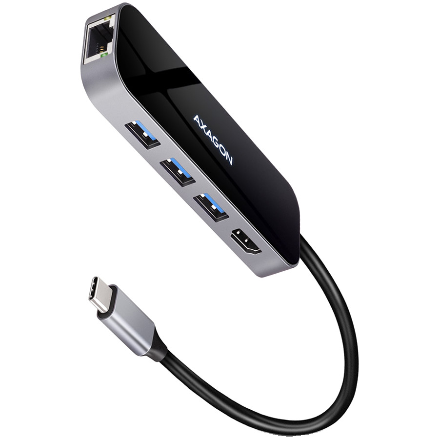 Axagon Multiport USB 3.2 Gen 1 hub. HDMI, Gigabit LAN and Power Delivery. 20 cm USB-C cable.