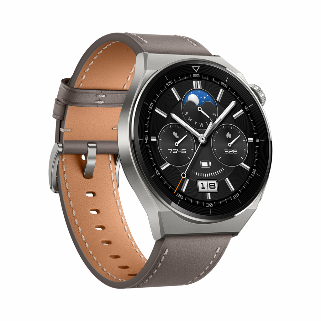 WATCH | GT 3 Pro | Smart watch | GPS (satellite) | AMOLED | Touchscreen | Activity monitoring 24/7 | Waterproof | Bluetooth | Titanium Case with Gray Leather Strap, Odin-B19V