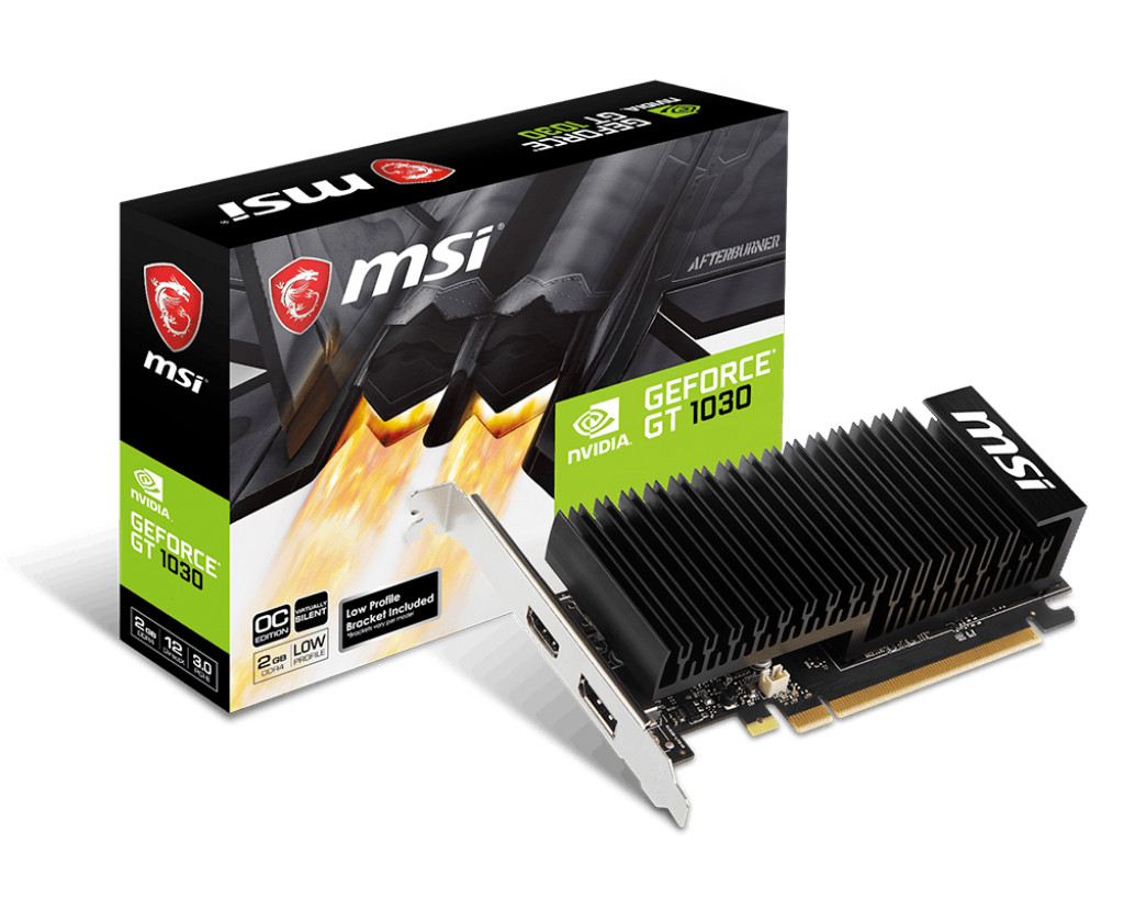 MSI 	GeForce GT 1030 2GHD4 LP OC NVIDIA, 2 GB, GeForce GT 1030, DDR4, PCI Express 3.0 x16 (uses x4), HDMI ports quantity 1, Memory clock speed 2100 MHz