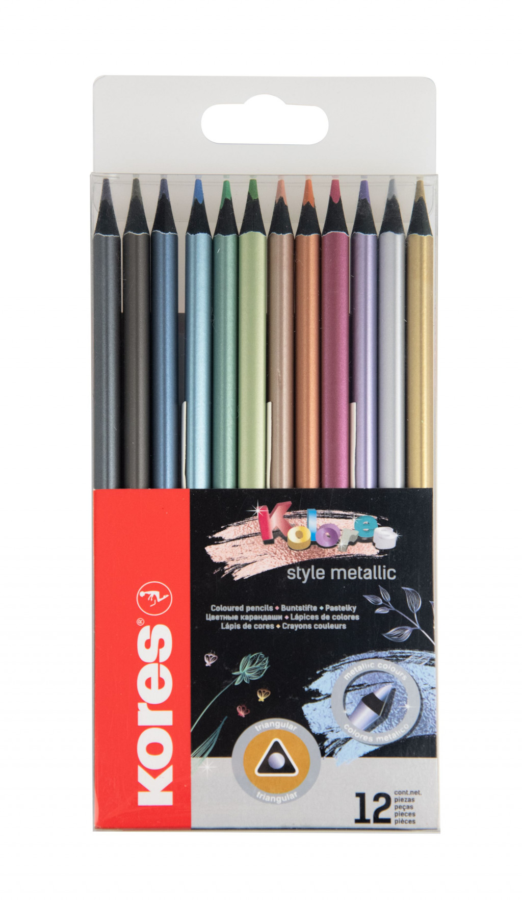 Värvilised pliiatsid KORES Kolores Style, kolmnurksed, 12 metallikvärvi