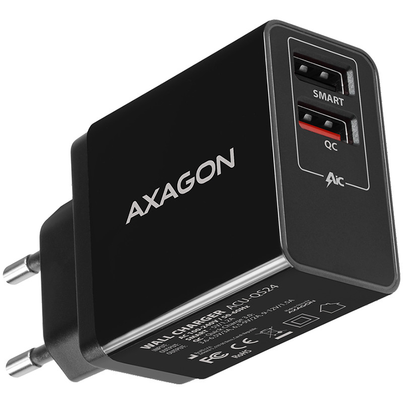 Dual wallcharger <240V / 2x USB port QC3.0/AFC/FCP + 5V-1.2A. 24W total power.