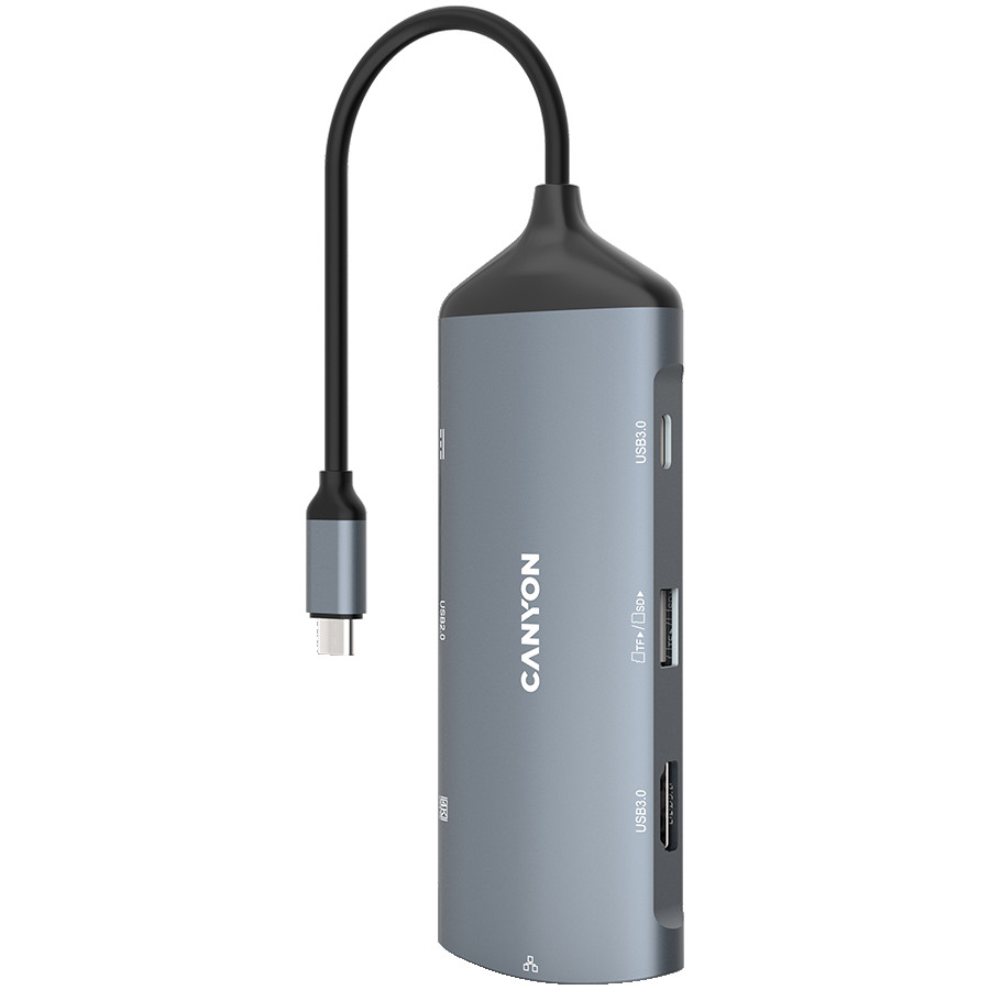 CANYON 8 in 1 hub, with 1*HDMI,1*Gigabit Ethernet,1*USB C female:PD3.0 support max60W,1*USB C male :PD3.0 support max100W,2*USB3.1:support max 5Gbps,1*USB2.0:support max 480Mbps, 1*SD, cable 15cm, Aluminum alloy housing,133.24*48.7*15.3mm,Dark grey