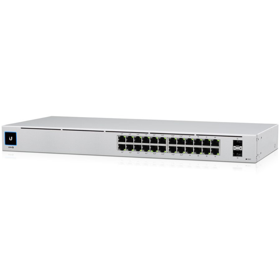 UBIQUITI Standard 24 PoE; (16) GbE PoE+, (8) GbE ports; (2) 1G SFP ports; 95W total PoE availability; Fanless, silent cooling.