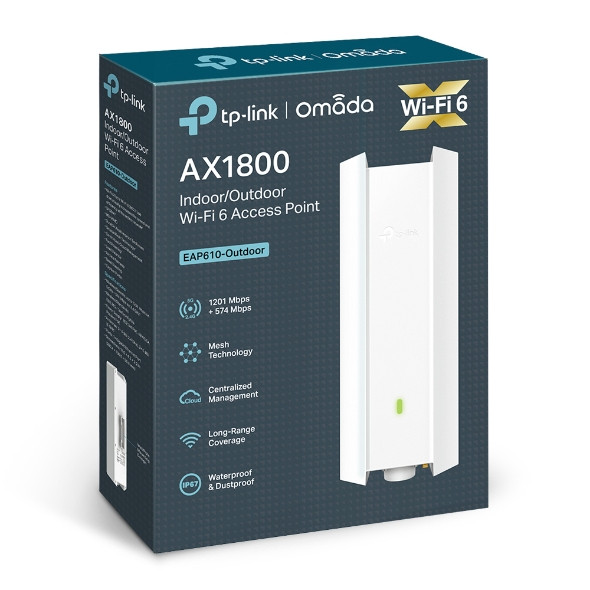 TP-LINK | AX1800 Indoor/Outdoor WiFi 6 Access Point | EAP610-Outdoor | 802.11ax | 2.4 GHz/5 GHz | 1201+574 Mbit/s | 10/100/1000 Mbit/s | Ethernet LAN (RJ-45) ports 1 | MU-MiMO Yes | PoE in | Antenna type Internal