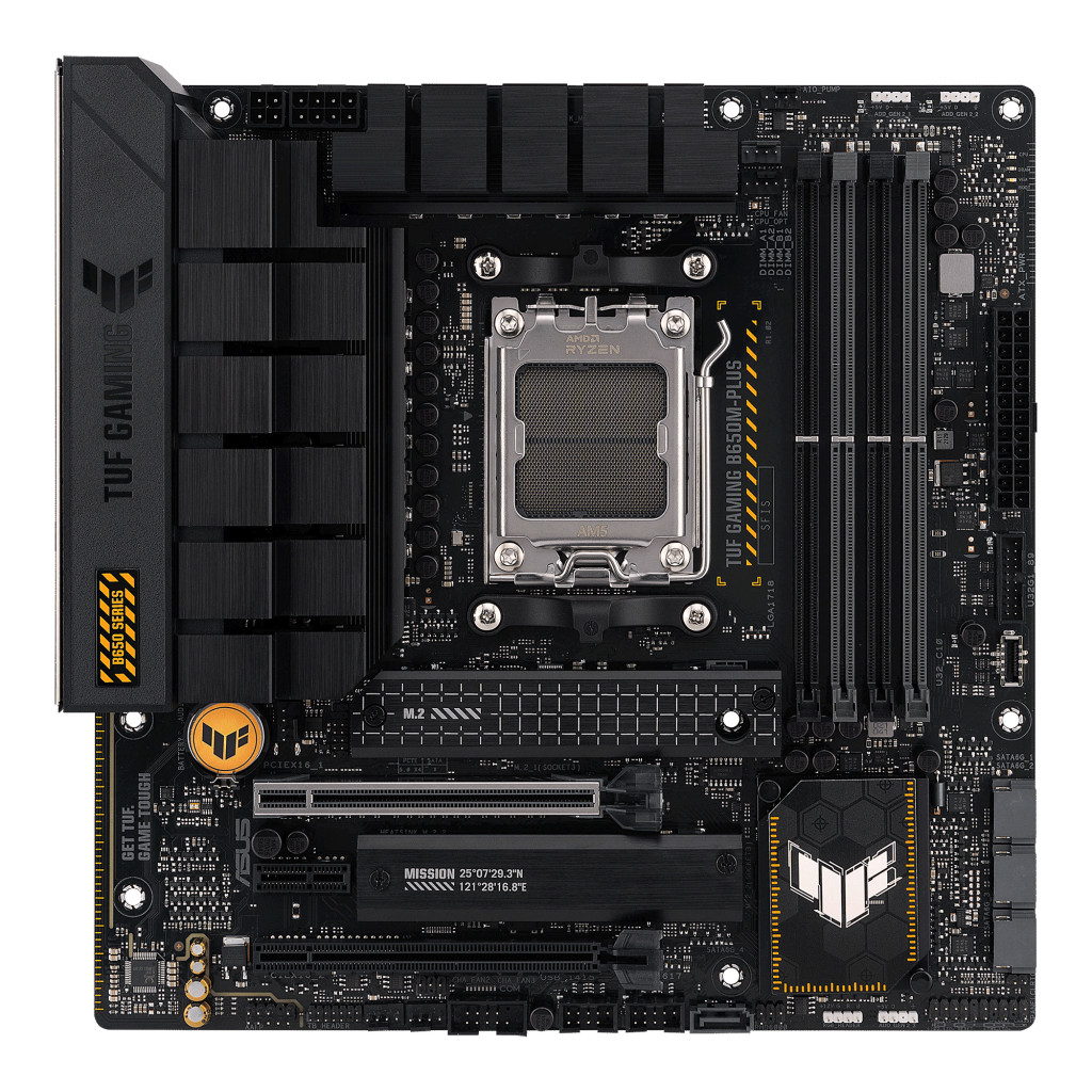 Asus | TUF GAMING B650M-PLUS | Processor family AMD | Processor socket  AM5 | DDR5 DIMM | Memory slots 4 | Supported hard disk drive interfaces 	SATA, M.2 | Number of SATA connectors 4 | Chipset AMD B650 | micro-ATX