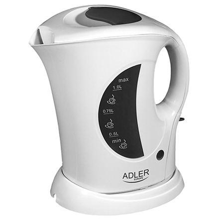 Adler AD 03 Standard kettle, Plastic, White, 900 W, 1 L,
