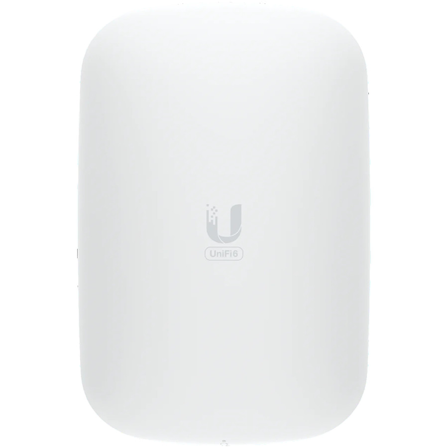 UBIQUITI U6 Extender; WiFi 6; 6 spatial streams; 115 m² (1,250 ft²) coverage; 300+ connected devices; Powered with standard AC wall outlet; Wireless uplink to UniFi WiFi.