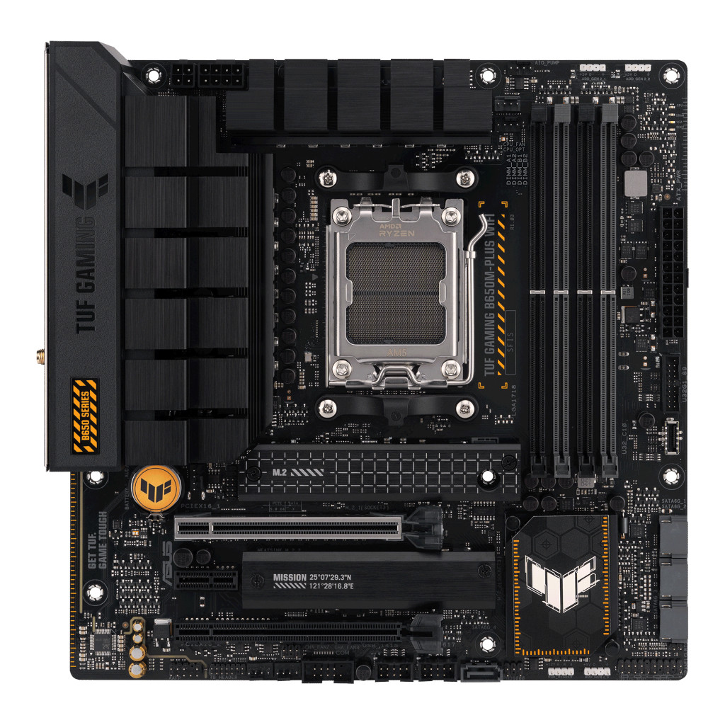 Asus | TUF GAMING B650M-PLUS WIFI | Processor family AMD | Processor socket AM5 | DDR5 DIMM | Memory slots 4 | Supported hard disk drive interfaces 	SATA, M.2 | Number of SATA connectors 4 | Chipset AMD B650 | micro-ATX