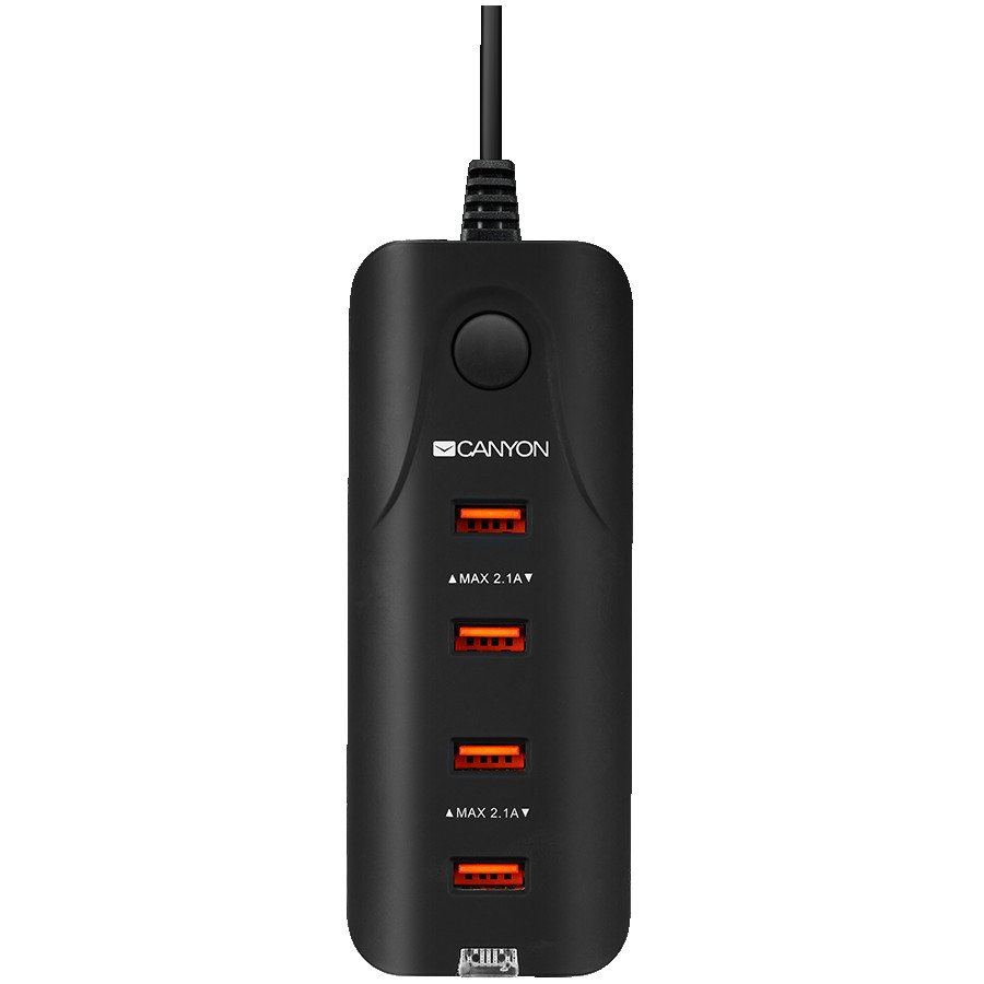 CANYON H-09, Universal 4xUSB AC charger (in wall) with over-voltage protection, Input 100V-240V, Output 5V-4.2A, with Smart IC, Black rubber coating+ orange plastic part of USB, 127.7*50*24.5mm, 0.126kg