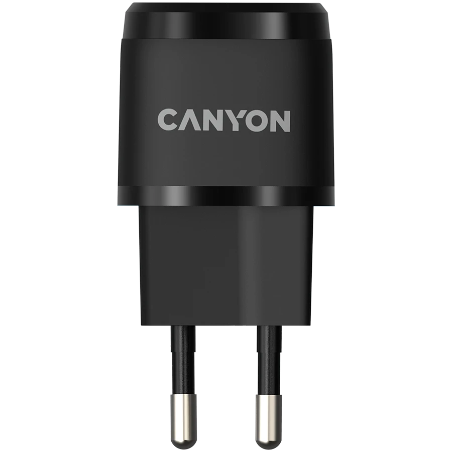 CANYON H-20-05, PD 20W Input: 100V-240V, Output: 1 port charge: USB-C:PD 20W (5V3A/9V2.22A/12V1.66A) , Eu plug, Over- Voltage ,  over-heated, over-current and short circuit protection Compliant with CE RoHs,ERP. Size: 68.5*29.2*29.4mm, 32.5g, Black