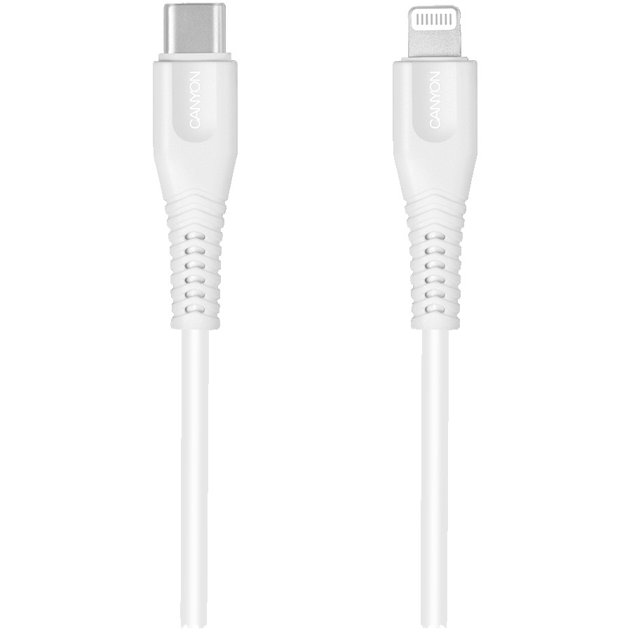 CANYON MFI-4, Type C Cable To MFI Lightning for Apple, PVC Mouling,Function: with full feature( data transmission and PD charging) Output:5V/2.4A, OD:3.5mm, cable length 1.2m, 0.026kg,Color:White