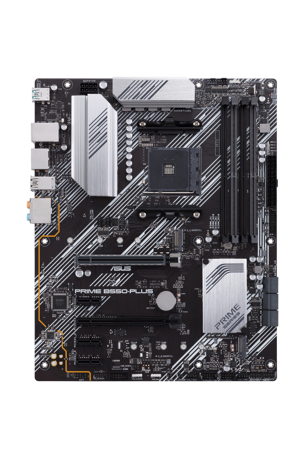 Asus | PRIME B550-PLUS | Processor family AMD | Processor socket AM4 | DDR4 DIMM | Memory slots 4 | Supported hard disk drive interfaces 	SATA, M.2 | Number of SATA connectors 6 | Chipset AMD B550 | ATX