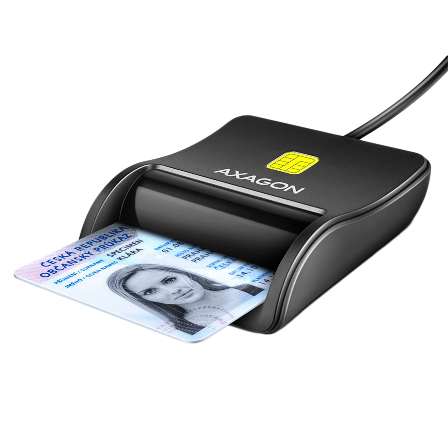 Compact desktop USB contact Smart / ID card reader with long, USB-A cable.